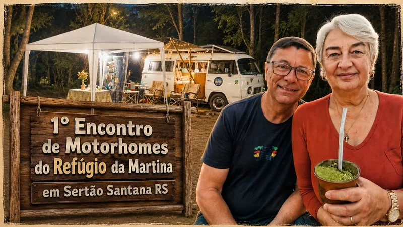 Eduardo e Niaia tomando chimarrão no I Encontro de Motorhomes do Refúgio da Martina