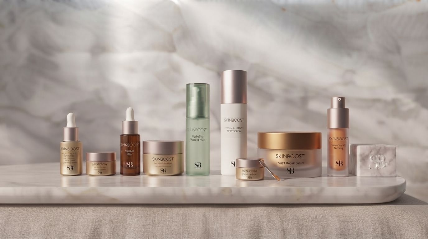 Linha SkinBoost Equilibrium — frascos variados em tons dourado, âmbar e verde-sálvia