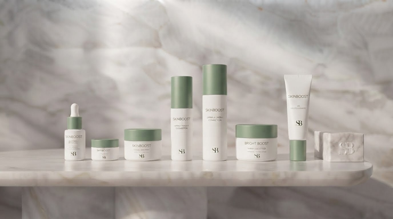 Linha SkinBoost Reset — frascos brancos com tampas verde-sálvia