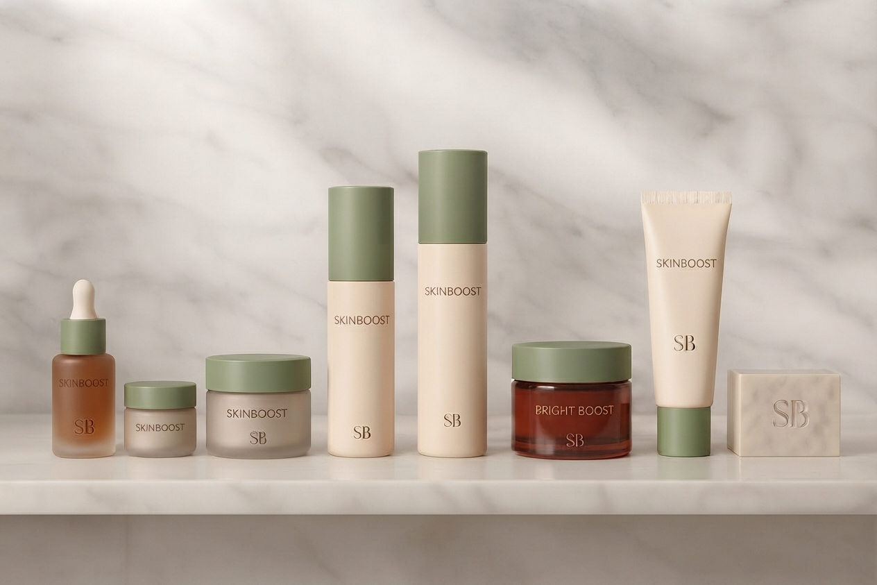 Linha SkinBoost Revive — frascos em tons verde-sálvia e creme