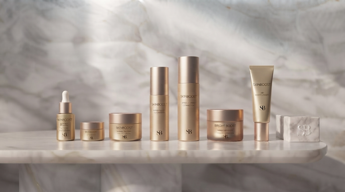 Linha SkinBoost Serene — frascos dourados uniformes